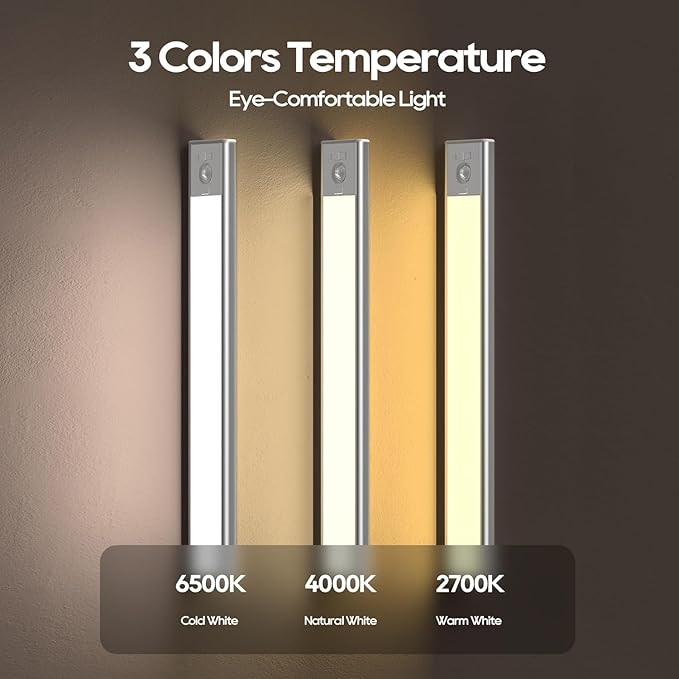 2 Pack Under Cabinet Lighting, 3 Color Temperatures Motion Sensor Light Indoor, LED Rechargeable Cabinet Lights, Stick-On Magnetic Closet Light, Wireless Under Counter Lights for Kitchen, Stair