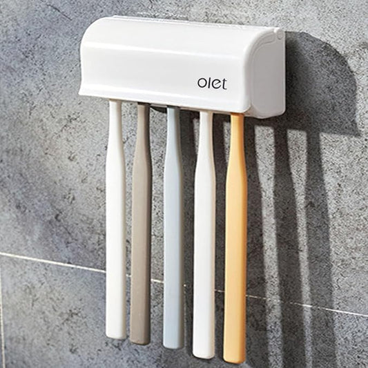Toothpaste Dispenser Wall Mounted 5 Toothbrush Holder with Automatic Toothpaste Squeezer Dispenser Anti-dust Toothbrush Holder Bathroom Accessories for Kids (White 1Pack)