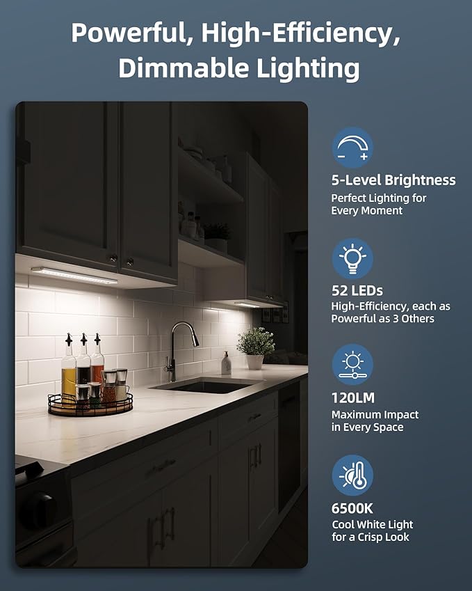 Under Cabinet Lights, Motion Sensor Light Indoor, Wireless Closet Lights, 3500mAh Rechargeable, Magnetic, 5 Levels Dimmable, Under Counter Lights for Kitchen (2 Pack)