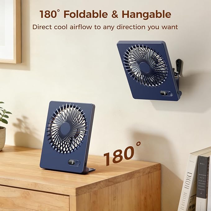 Zuvas Desk Fan Battery Operated Fan Rechargeable 180°Tilt Folding Personal Fan Ultra Quiet Small Portable 3 Speed Adjustable Strong Wind Fan For Office Bedroom Home Desktop Camping (Navy Blue)