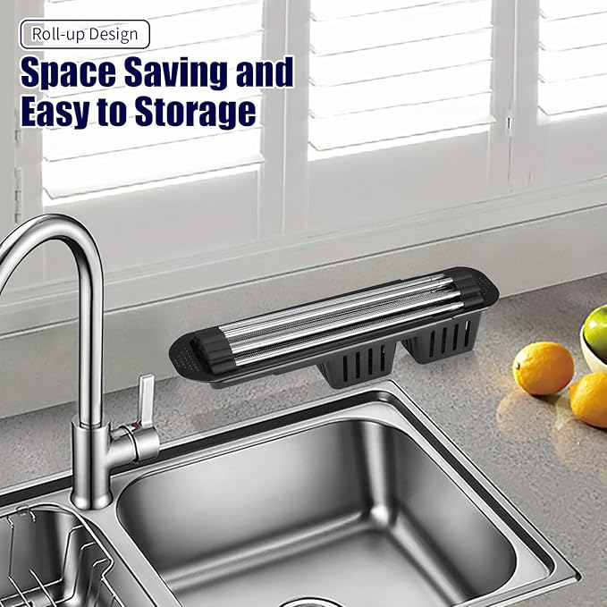 Roll Up Dish Drying Rack,Expandable Over The Sink Dish Drainer,Stainless Steel Kitchen Rolling Sink Rack with Utensil Holder,Length Up to 22.3" (Black, Large)