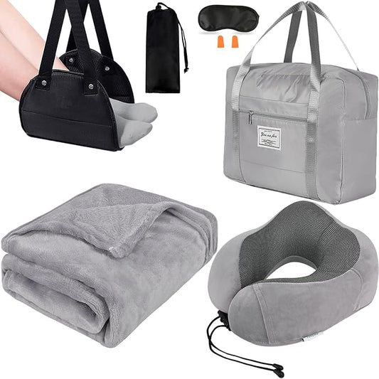 Travel Pillow and Blanket Set & Foot Rest, Memory Foam Neck Pillow Airplane Blanket & Airplane Foot Hammock & Foldable Duffel Bag, Eye Mask & Earplugs, Portable Travel Accessories Essentials, Grey