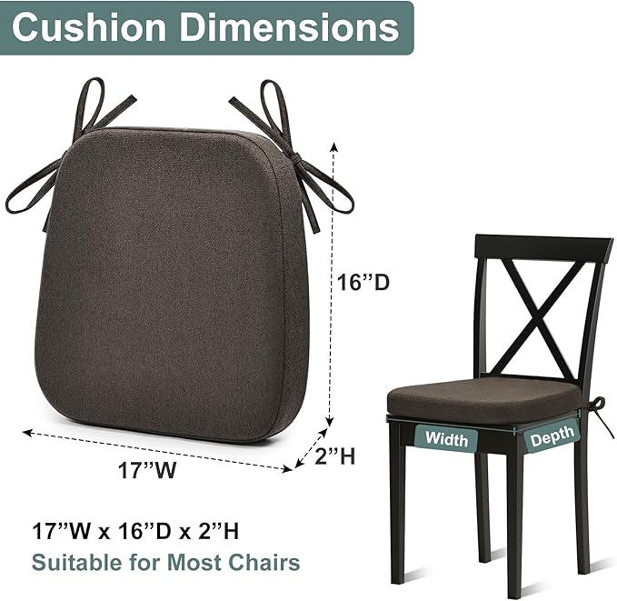 Shinnwa Seat Cushions for Dining Room Chairs 4 Pack, Patented Design Memory Foam Dining Chair Pads with Ties and Washable Cover, Set of 4, 17" x 16" x 2", Dark Brown