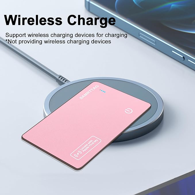 SMART LB Wallet Tracker Card Like Apple Air Tag Work with Apple Findmy(iOS only), Thin Wallet Finder, Wireless Charger(Not Include Charger), air Tags Card Tracker (Pink, Card)