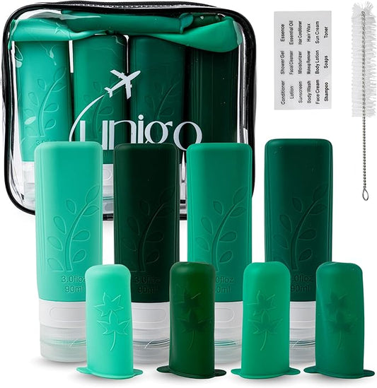 unigo Silicone Travel Bottles Set for Toiletries, Airplane Approved TSA Carry On Size, BPA Free Leakproof Refillable Squeeze Containers with Labels, Cleaning Brush and Covers (Green)
