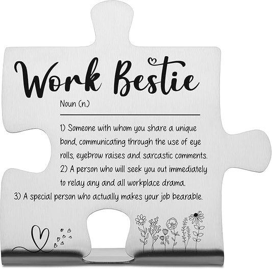 Work Bestie Puzzle Desk Sign for Coworker Women Men, Stainless Steel Appreciation Gift for Office Colleague, Funny Thank You Plaque for Promotion, Birthday, Retirement, Work Anniversary Decor - FSD351