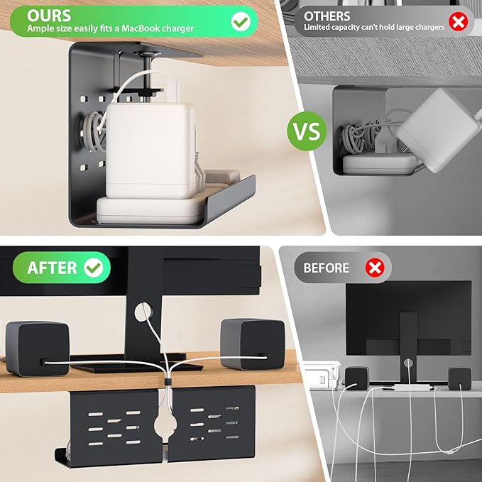 KEEGH 16'' Under Desk Cable Management Tray, No Drill Clamp/Screws Mount, Sturdy Metal Cable Tray for Place Power Strip, Cord Management Tray for Home Office, Gaming Desk, Standing Desk, 1 Pack, Black