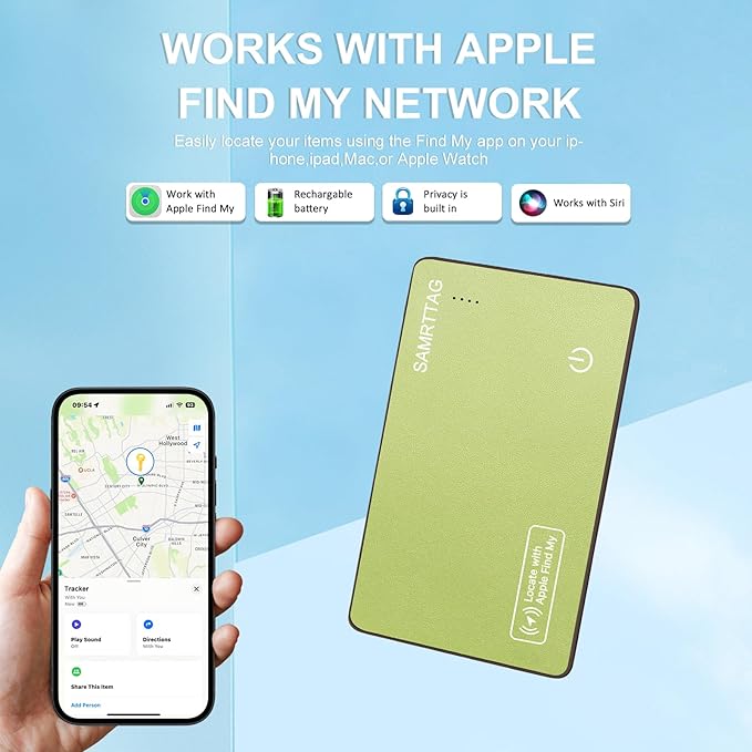 SMART LB Wallet Tracker Card Like Apple Air Tag Work with Apple Findmy(iOS only), Thin Wallet Finder with Wireless Charger(Not Include Charger), air Tags Card Tracker (Green, Card)