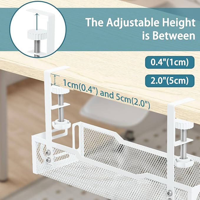 2Pack Under Desk Cable Management Tray, No Drill Mesh Desk Cable Tray, Wire Management Tray Cable Management Rack, Wire Organizer and Cable Management Box (White)