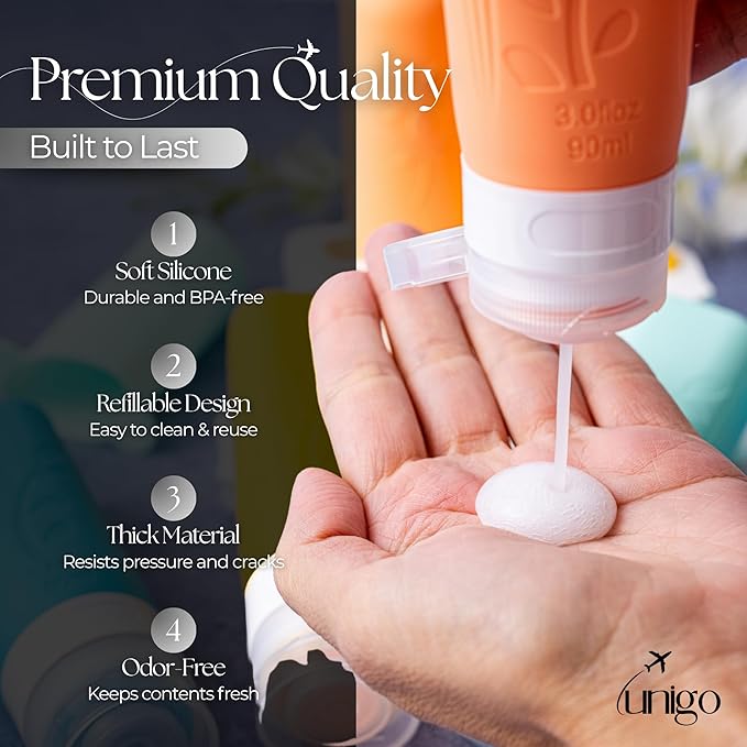 unigo Silicone Travel Bottles Set for Toiletries, Airplane Approved TSA Carry On Size, BPA Free Leakproof Refillable Squeeze Containers with Labels, Cleaning Brush and Covers (Multicolor B)