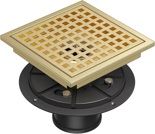 Square Shower Floor Drain with Flange, 6 Inch Brushed Gold Shower Drain Hair Catcher, SUS304 Stainless Steel Floor Drain Strainer, Shower Drain Cover