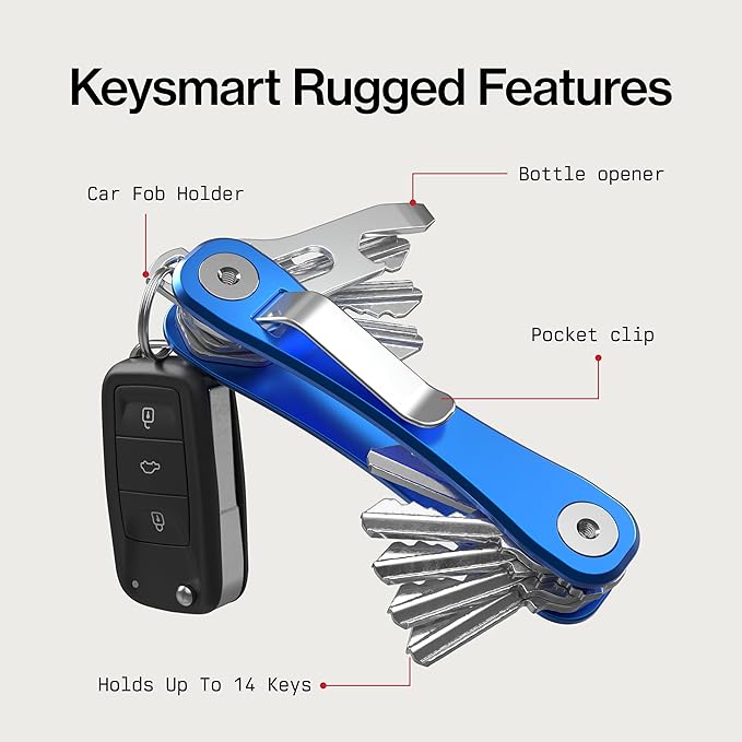 KeySmart Rugged - Multitool Key Holder for Keychain w/Bottle Opener and Pocket Clip, Key Organizer for Key Chain, EDC Keychains, Key Ring for Car Fobs Key Chains, Expandable (Up to 14 Keys, Blue)