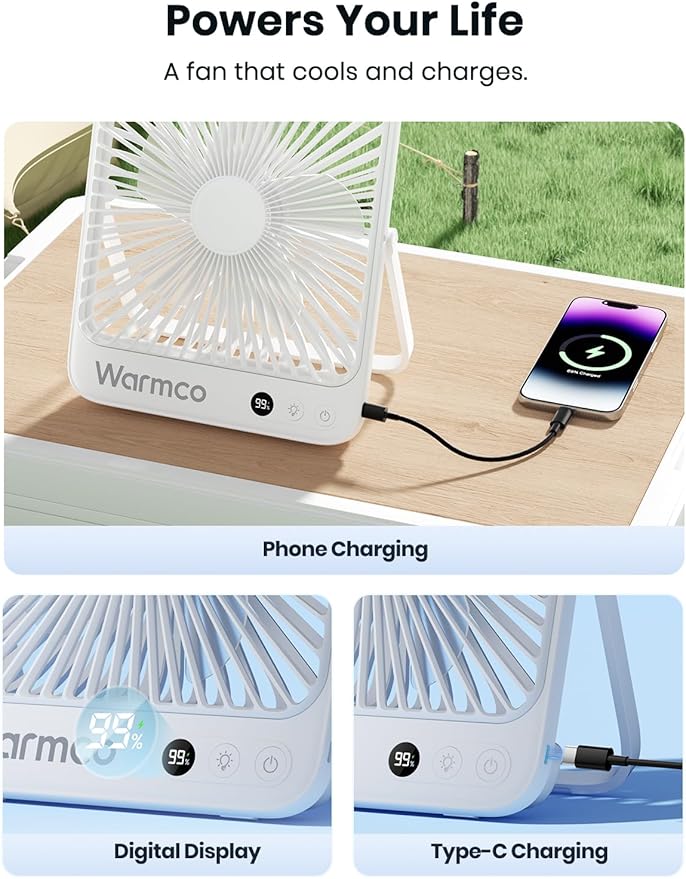 Warmco 20000mAh Battery Powered Fan, Ultra-Slim 8-Inch Portable Camping Fan with LED Lantern, Up to 48H Runtime Rechargeable Desk Fan for Bedroom, Outdoor, Tent, Travel, Cruise Ship Essentials