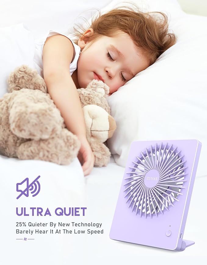 Zuvas Desk Fan Battery Operated Fan Rechargeable 180°Tilt Folding Personal Fan Ultra Quiet Small Portable 3 Speed Adjustable Strong Wind Fan For Office Bedroom Home Desktop Camping (Light Purple)