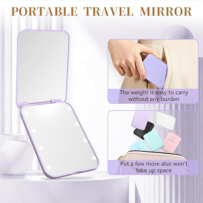 Compact Mirror, 1X/3X Magnification LED Pocket Mirror with Nternal BIattery, Mini Mirror for Purse, Pocket,Travel and Present (Purple)