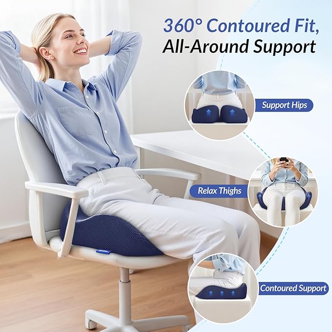 ZIKEE Pioneering Seat Cushion for Pressure Relief, Ergonomic Office Chair Cushion for Sciatica, Back, Hemorrhoids & Tailbone Pain Relief, High-Density Memory Foam Car Seat Cushion with Anti-Slip Base