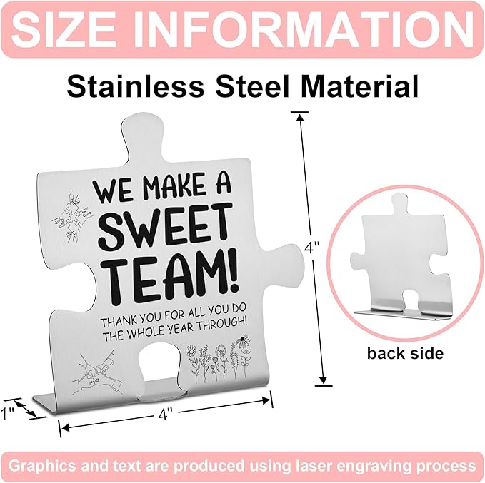 We Make a Sweet Team Puzzle Desk Sign, Engraved Stainless Steel Appreciation Gift for Coworkers Employees Volunteers, Thank You Motivational Office Decor Plaque for Year-End Team Recognition - FSD340
