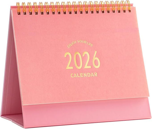 Small Desk Calendar 2026, Standing Flip Desk Calendar Use Now to Dec 2026, with To-do List & Notes, Metal Ring Twin-Wire Binding with Stickers, Monthly Desktop Calendar for Home Office (Pink)