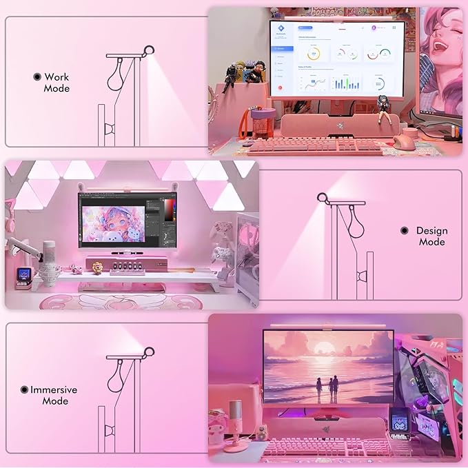 Quntis Pink Monitor Light Bar with Remote, Eye-Care No Glare, Space Saving Computer Desk Lamp As Gifts for Girls, Stepless Dimming, Modern Aesthetic Desk Light Bar for Home Office Gaming Reading