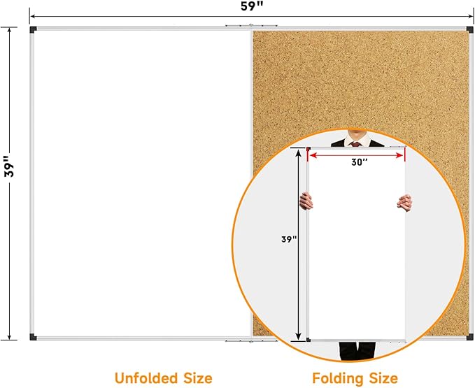 XBoard Extra Large Magnetic White Board and Bulletin Corkboard Combination, 60 x 40 Inch Foldable Dry Erase & Cork Combo Board for Wall with Aluminum Frame, 5' x 3' Notice Memo Board Pin Vision Board