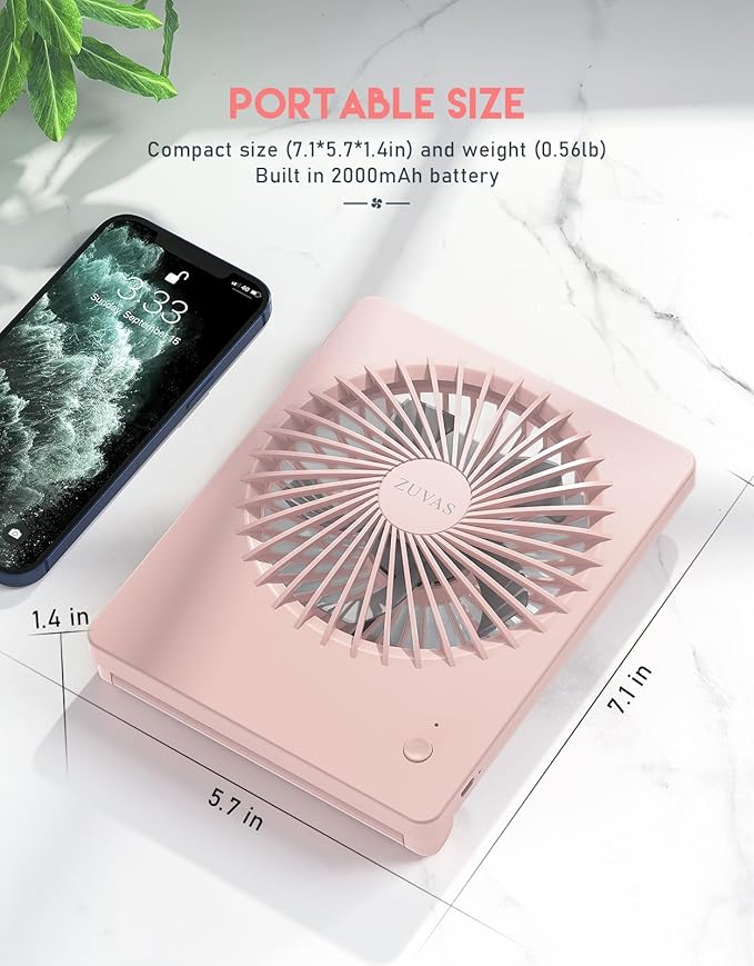 Zuvas Desk Fan Battery Operated Fan Rechargeable 180°Tilt Folding Personal Fan Ultra Quiet Small Portable 3 Speed Adjustable Strong Wind Fan For Office Bedroom Home Desktop Camping (Pink)