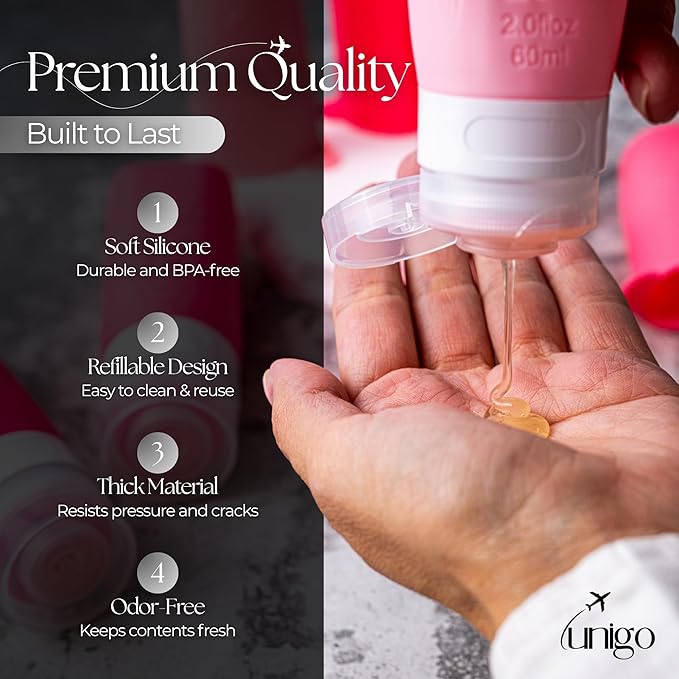unigo Silicone Travel Bottles Set for Toiletries, Airplane Approved TSA Carry On Size, BPA Free Leakproof Refillable Squeeze Containers with Labels, Cleaning Brush and Covers (Pink)