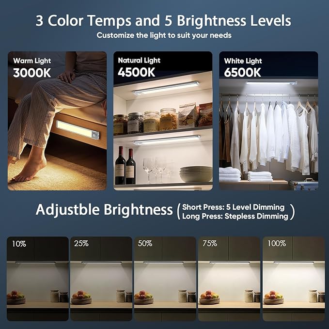 14.7inch Under Cabinet Lighting with 3 Color Temps, 2 Pack Rechargeable Motion Sensor Light Indoor, 5 Levels Dimmable Magnetic Closet Lights, Wireless Under Counter Lights for Kitchen, Stairs