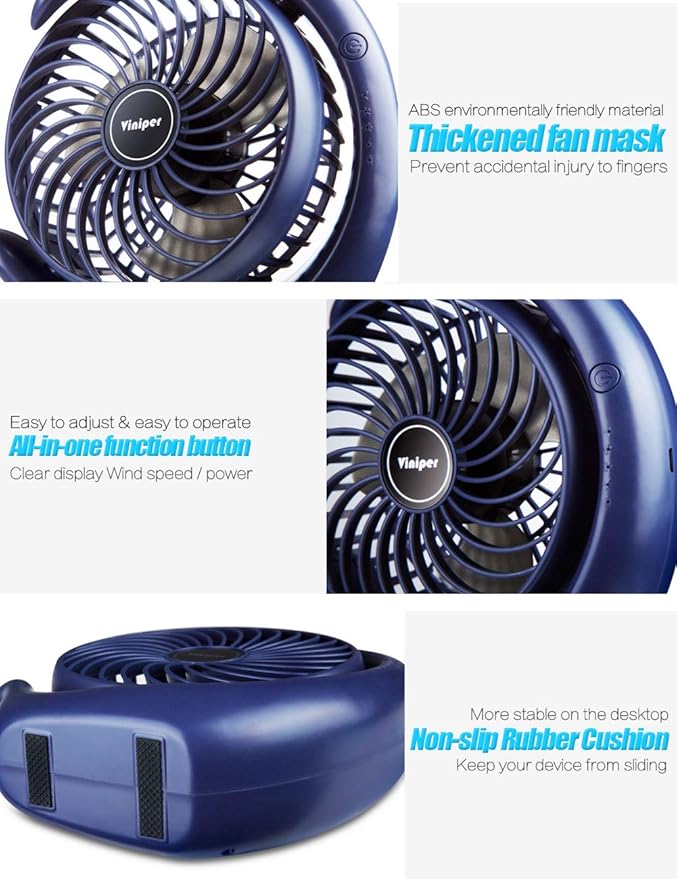 Viniper Portable Rechargeable Fan, Small Desk Fan : 3 Speeds & about 8-24 Hours Longer Working, 180 Rotation, Portable Desktop Fan Small but Mighty, Strong Wind (Blue, Light Black Blade) 6.2 INCH