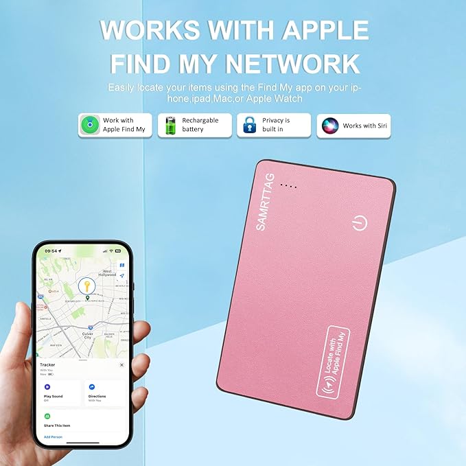 SMART LB Wallet Tracker Card Like Apple Air Tag Work with Apple Findmy(iOS only), Thin Wallet Finder, Wireless Charger(Not Include Charger), air Tags Card Tracker (Pink, Card)