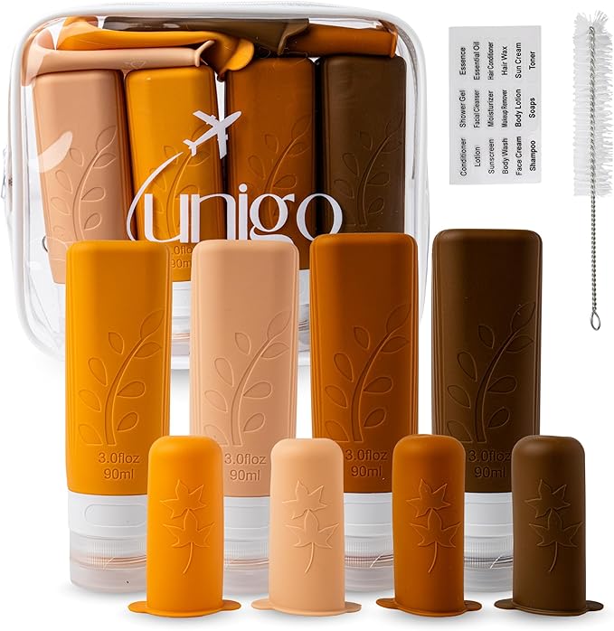 unigo Silicone Travel Bottles Set for Toiletries, Airplane Approved TSA Carry On Size, BPA Free Leakproof Refillable Squeeze Containers with Labels, Cleaning Brush and Covers (Apricot)