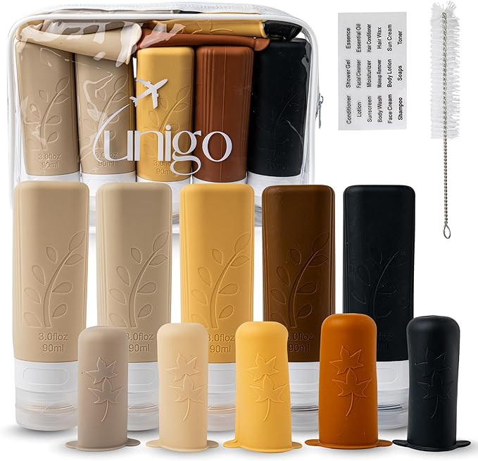 unigo Silicone Travel Bottles Set for Toiletries, Airplane Approved TSA Carry On Size, BPA Free Leakproof Refillable Squeeze Containers with Labels, Cleaning Brush and Covers (Apricot)