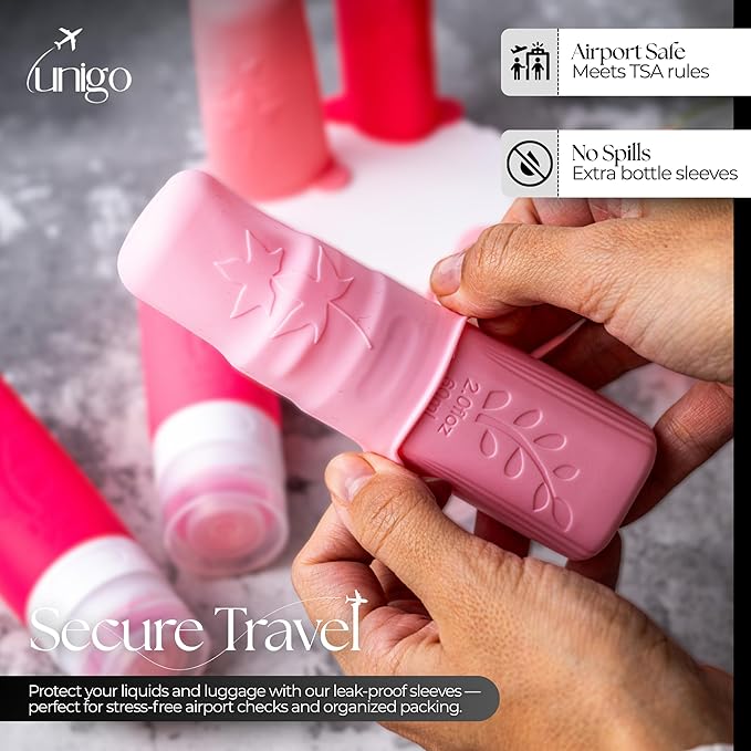 unigo Silicone Travel Bottles Set for Toiletries, Airplane Approved TSA Carry On Size, BPA Free Leakproof Refillable Squeeze Containers with Labels, Cleaning Brush and Covers (Pink)