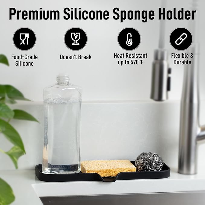 Zulay Kitchen Large Silicone Sponge Holder (12x4) – Flexible Sink Organizer Tray for Kitchen & Bathroom – Multipurpose Soap Dish for Sponges, Makeup, Trinkets & More (Black)