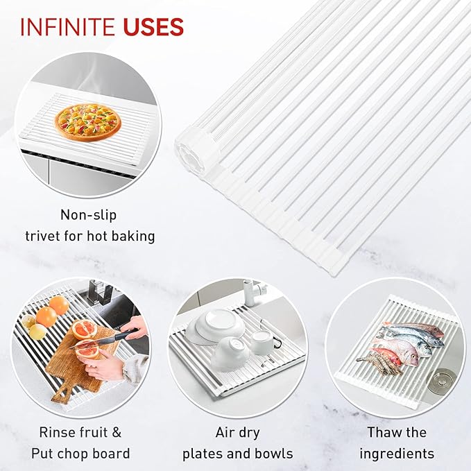 MERRYBOX Roll Up Over The Sink Dish Drying Rack Silicone Wrapped Foldable, Heat-Resistant, Anti-Slip Sink Rack Multipurpose Dish Drainer for Kitchen Sink Counter - White, 17.5" x 11"