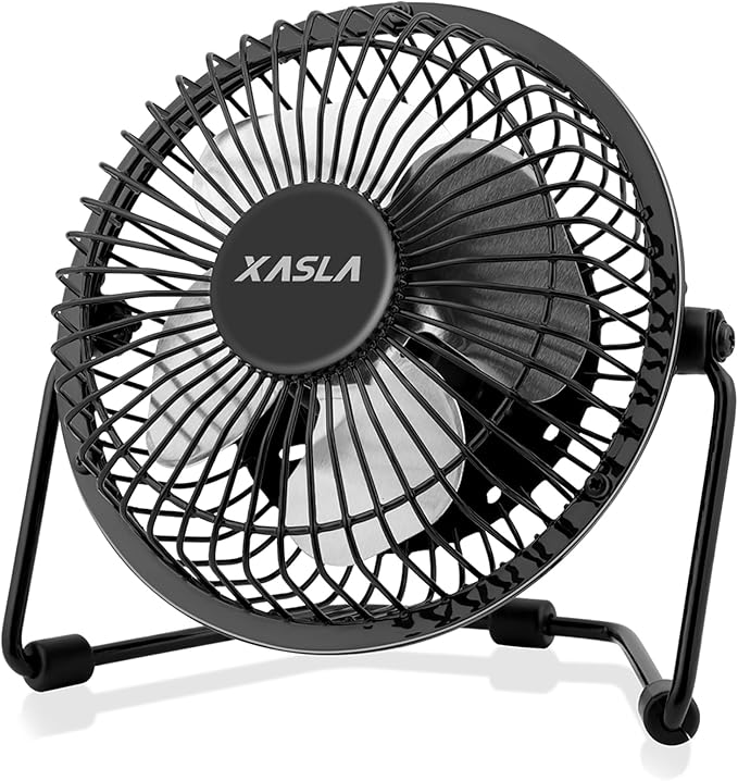 xasla 4 Inch Small USB Desk Fan, Mini Quiet Fan with Metal Construction & Strong Airflow & 360°Adjustable Tilt Angle, Personal Cooling Fan for Desktop Office (Black)