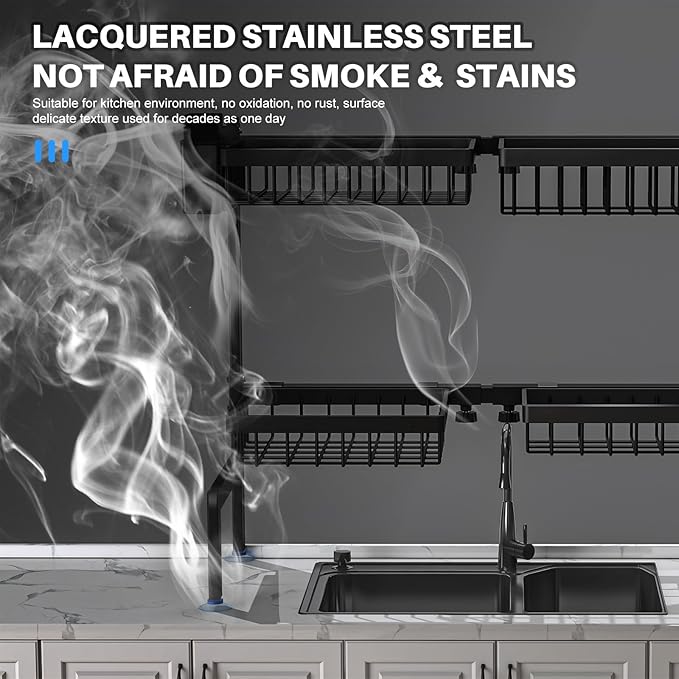 2 Tiers 4 Baskets (one More Than Others) Over The Sink Dish Drying Rack,fits All Sinks (from 24.8" to 35.4"),2-Tier Adjustable Sink Rack,Dishes Rack Kitchen Storage Organizer Space Saving