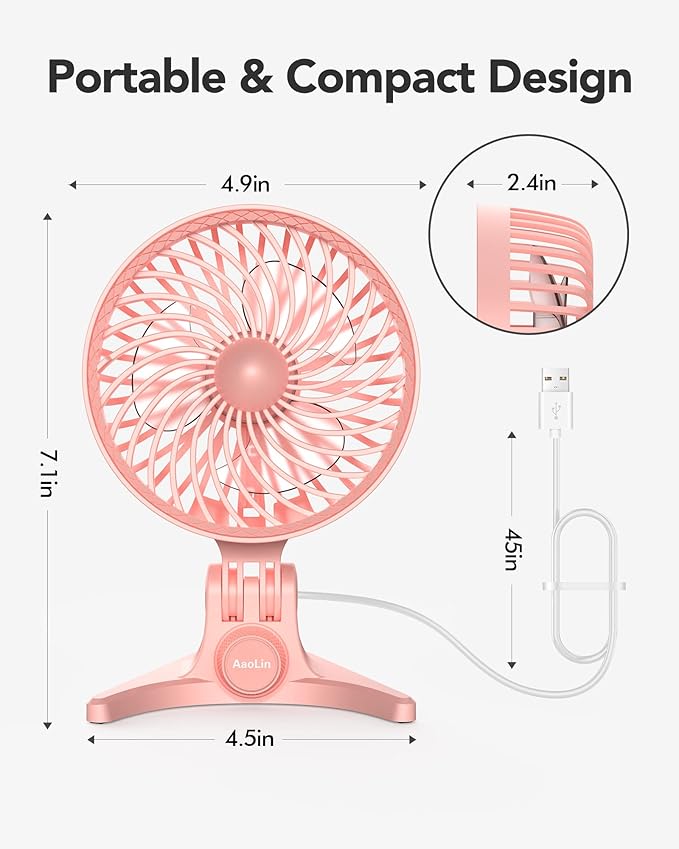 USB Desk Fan, Small Fans with CVT Variable Speeds, Strong Cooling Airflow, Quiet Portable, Desktop Mini Personal Table Fan for Room, Home,Office, Bedroom, Pink