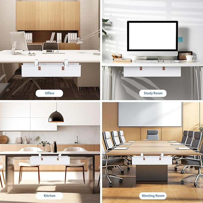 Zilink Under Desk Cable Management 30" No Drill Desk Cable Management Tray Clamp/Screw Mount Cable Tray Sturdy Waterproof Fabric Cord Organizer for Office, Home, White