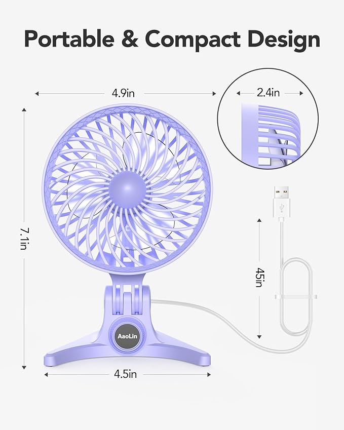 USB Desk Fan, Small Fans with CVT Variable Speeds, Strong Cooling Airflow, Quiet Portable, Desktop Mini Personal Table Fan for Room, Home, Office, Bedroom, Purple