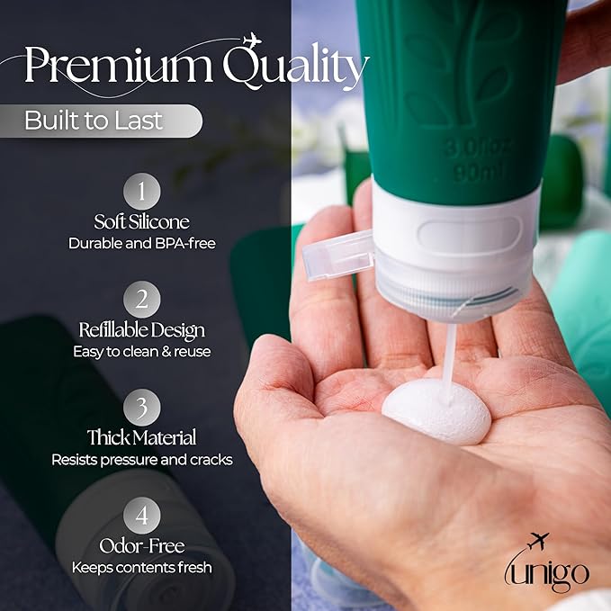 unigo Silicone Travel Bottles Set for Toiletries, Airplane Approved TSA Carry On Size, BPA Free Leakproof Refillable Squeeze Containers with Labels, Cleaning Brush and Covers (Green)