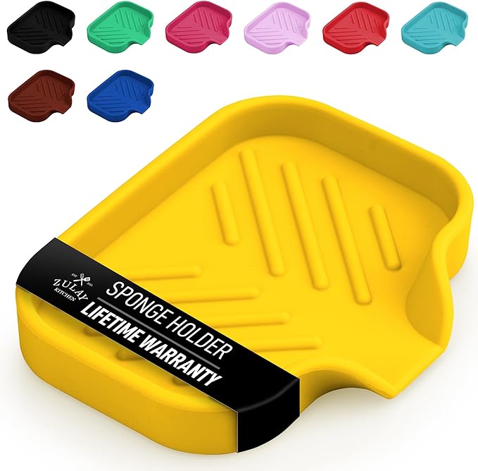 Zulay Kitchen Small Silicone Sponge Holder (4.9x3.3”) – Space-Saving Sink Organizer Tray for Sponge, Soap, Brush & More – Compact Non-Slip Dish for Kitchen & Bathroom (Yellow)
