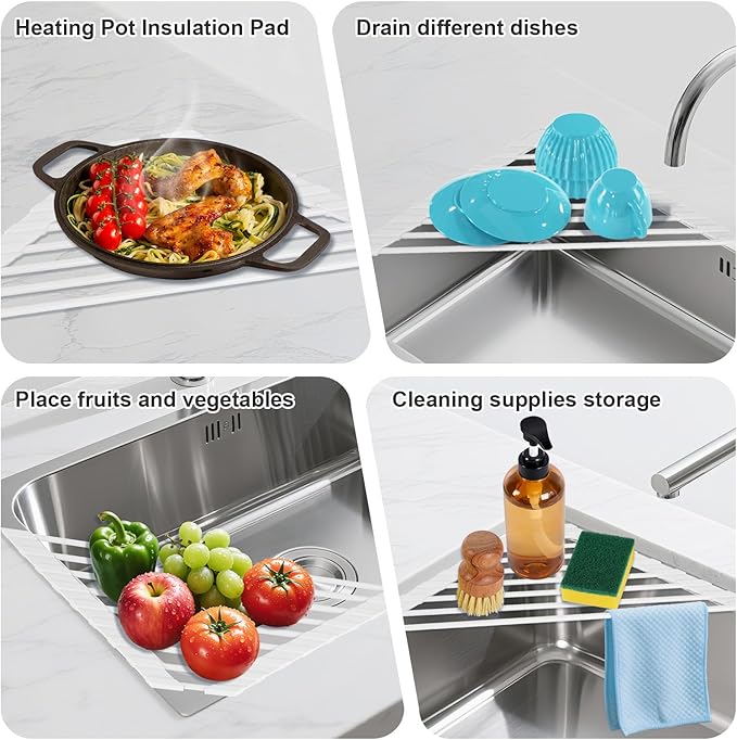 Triangular Sink Rack, Multi-Functional Rack Above the countertop, Foldable Sink Drying mat, Heat-Resistant, Non-Slip, and Rust-Proof Dish Rack (White)