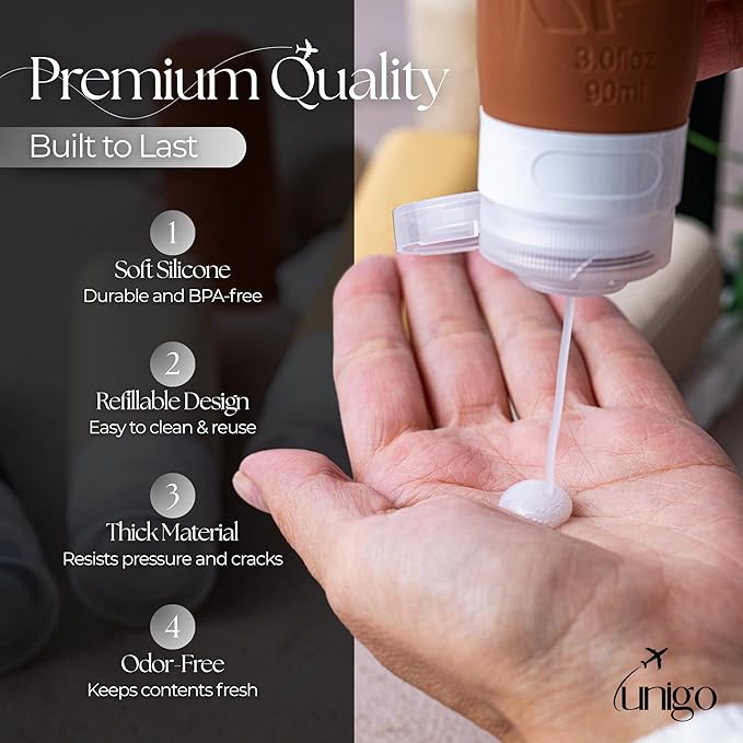 unigo Silicone Travel Bottles Set for Toiletries, Airplane Approved TSA Carry On Size, BPA Free Leakproof Refillable Squeeze Containers with Labels, Cleaning Brush and Covers (Apricot)