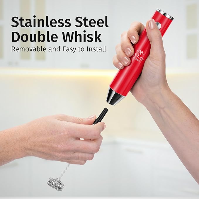 Zulay Kitchen Rechargeable Milk Frother Handheld Lux - Powerful 2-Speed Motor, Waterproof, 2000mAh Battery - Drink Mixer for Latte, Cappuccino, Matcha & Protein Powder - Scarlet