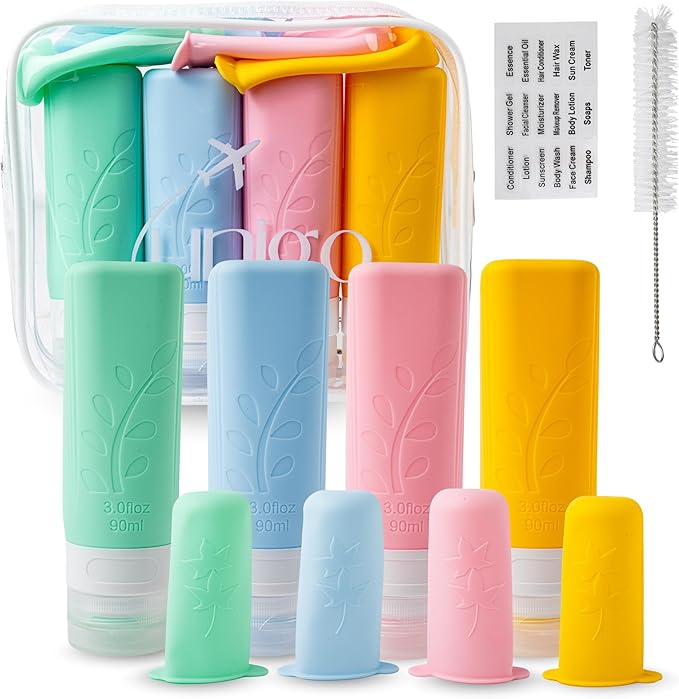 unigo Silicone Travel Bottles Set for Toiletries, Airplane Approved TSA Carry On Size, BPA Free Leakproof Refillable Squeeze Containers with Labels, Cleaning Brush and Covers (Multicolor A)