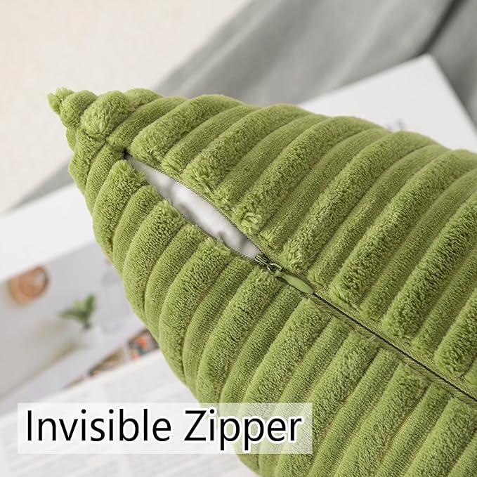 UGASA Pack of 2, Velvet Pillow Covers Striped, Soft Textured Throw Cushion Case Set, Accent Corduroy Lumbar Pillowcases with Hidden Zipper for Home Decor Indoor Outdoor (12"x20", Green)