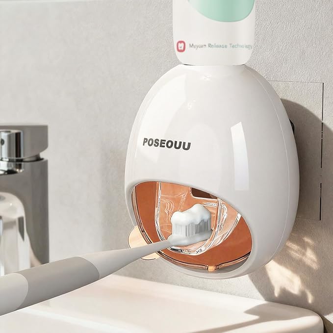 Toothpaste Dispenser Wall Mounted for Bathroom Automatic Toothpaste Squeezer for Kids and Adult with Custom Cleaning Brush & 2 Heavy-Duty Adhesive Pads (Rouge Powder)