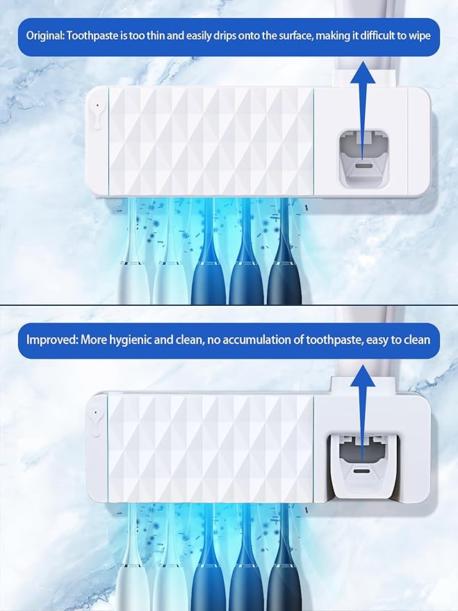 Toothbrush Holders for Bathrooms White Tooth Brush Holder with Toothpaste Dispenser Toothbrush Holder Wall Mounted 5 Toothbrush Slots Storage, Timing, AA Batteries Required