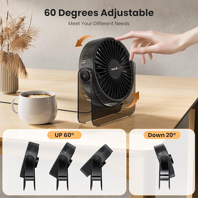 WSKEN USB Small Desk Fan - [Aesthetic Design] Mini But Powerful Portable Ultra Quiet 3 Speeds Wind Desktop Personal Fan for Outdoor Travel Bedroom Bedside Table Top Office,Acrylic Base,Black