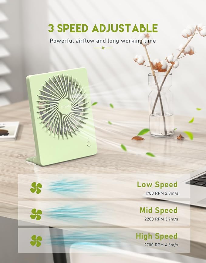 Zuvas Desk Fan Battery Operated Fan Rechargeable 180°Tilt Folding Personal Fan Ultra Quiet Small Portable 3 Speed Adjustable Strong Wind Fan For Office Bedroom Home Desktop Camping (Light Green)